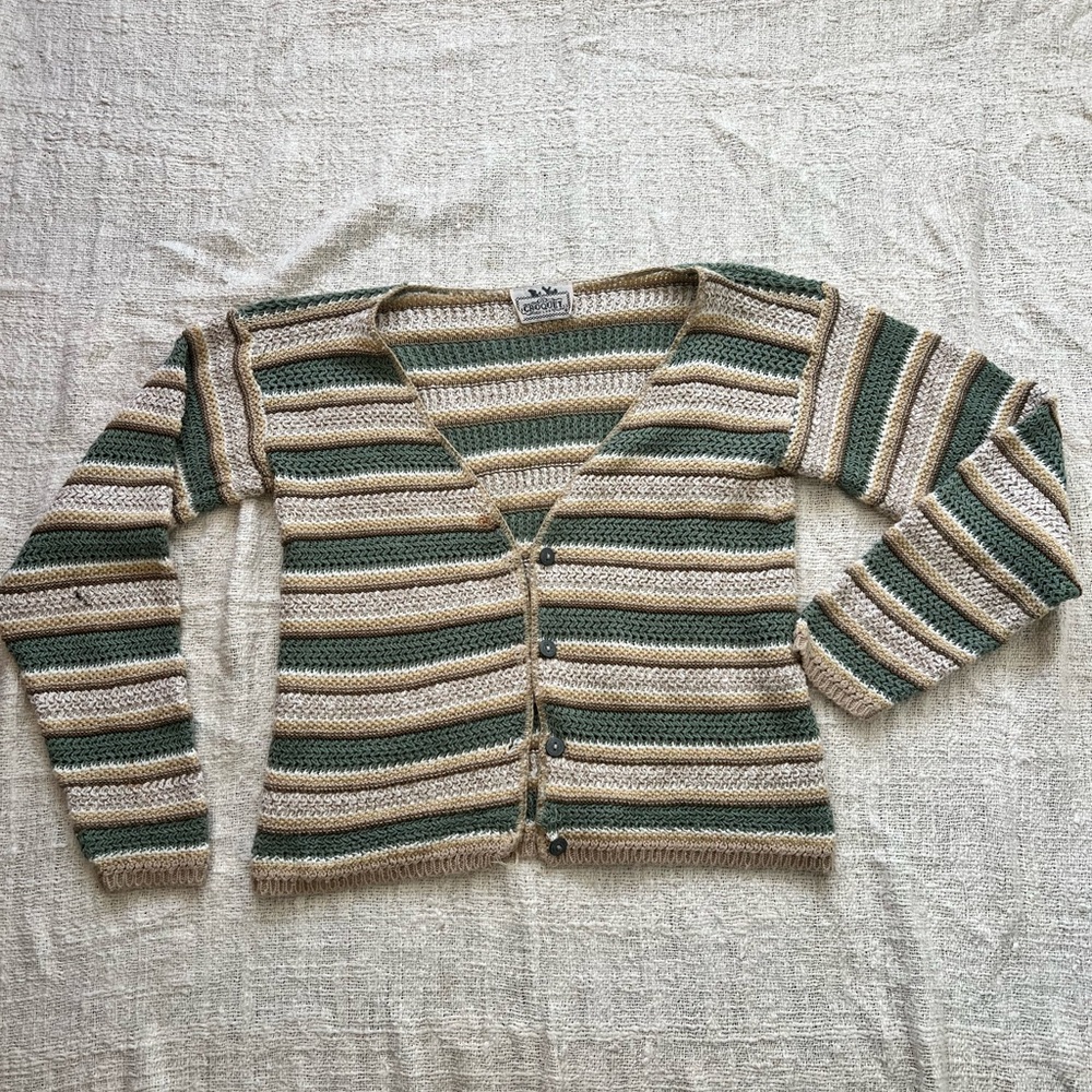 Vintage Striped V-Neck Cardigan Crochet Sweater